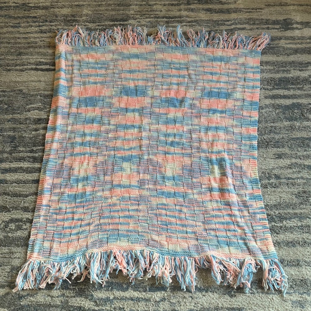 Handmade Knit Baby Blanket Basketweave Pastel Pink Blue White Fringe Nursery